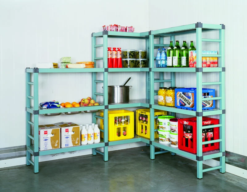 Plastic shelving full of stock in a walk in cold room